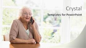  Presentation with elderly home - Slides enhanced with smiling elderly woman phone calling at home background and a white colored foreground