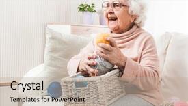  Presentation with white and black woman climbing ladders - Colorful PPT theme enhanced with smiling eldery woman with white backdrop and a mint green colored foreground