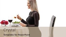 Presentation with eating - Amazing PPT theme having smiling-elegant-young-woman-eating backdrop and a coral colored foreground