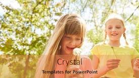  Presentation with elementary - Slide set having smiling-elementary-girl-blowing-dandelion background and a coral colored foreground