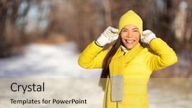  Presentation with winter walk by stream - Theme with smiling emotion outside in nature background and a yellow colored foreground
