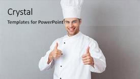  Presentation with cook chef - Theme having smiling emotional young cook background and a light gray colored foreground