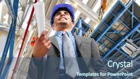  Presentation with mechanical engineering engineer tools - PPT theme consisting of smiling engineer holding a blueprint background and a ocean colored foreground