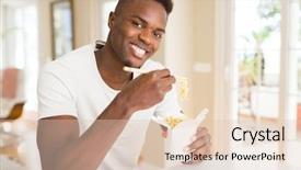  Presentation with asian chopsticks - PPT theme featuring smiling enjoying lunch using chopsticks background and a lemonade colored foreground