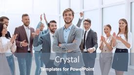  Presentation with entrepreneur - PPT theme featuring smiling-entrepreneur-on-the-background background and a ocean colored foreground