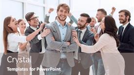  Presentation with entrepreneur - PPT layouts having smiling-entrepreneur-on-the-background background and a gray colored foreground