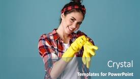  Presentation with rubber gloves - Audience pleasing presentation consisting of smiling-excited-attractive-young-woman backdrop and a teal colored foreground