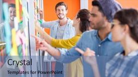  Presentation with sticky notes - Cool new presentation theme with smiling executives reading sticky notes backdrop and a teal colored foreground