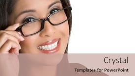  Presentation with eyeglasses - PPT theme enhanced with smiling eyeglasses girl background and a coral colored foreground
