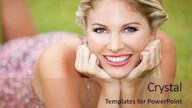  Presentation with grass - Amazing PPT layouts having smiling face - beautiful young woman sitting backdrop and a coral colored foreground