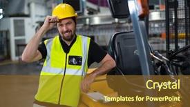  Presentation with forklift - Slide deck consisting of smiling factory worker lean background and a tawny brown colored foreground