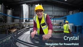  Presentation with production line - PPT theme featuring smiling factory worker lean background and a tawny brown colored foreground