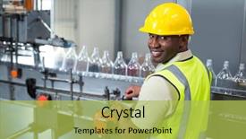  Presentation with factory machine - Presentation theme featuring smiling factory worker operating machine background and a  colored foreground