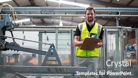  Presentation with factory - PPT theme with smiling factory worker writing background and a gray colored foreground