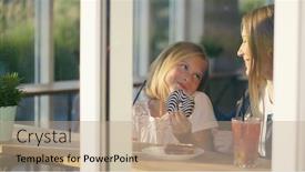  Presentation with cafe - Colorful PPT layouts enhanced with smiling family behind the glass in a cafe backdrop and a coral colored foreground