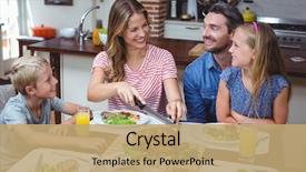  Presentation with thanksgiving - PPT theme featuring smiling family celebrating thanksgiving while background and a coral colored foreground