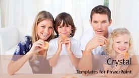  Presentation with burgers - Amazing slides having unhealthy food children - smiling family eating burgers backdrop and a coral colored foreground
