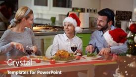  Presentation with christmas dinner - Slide deck enhanced with smiling family enjoying eating traditional christmas dinner together background and a tawny brown colored foreground