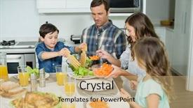  Presentation with dining - Slide deck featuring smiling family having lunch together on dining table at home background and a coral colored foreground