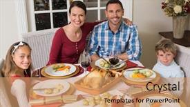  Presentation with living room family - Cool new presentation theme with smiling family looking at camera during christmas dinner at home in the living room backdrop and a coral colored foreground