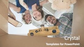  Presentation with thank you family - PPT theme consisting of smiling family looking into cardboard background and a coral colored foreground