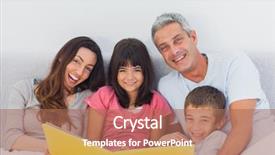  Presentation with album - Slide set with smiling family looking together at their photograph album in bed at home background and a coral colored foreground