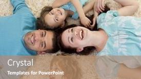  Presentation with heads - PPT theme featuring smiling family lying on floor in a circle with heads together background and a coral colored foreground