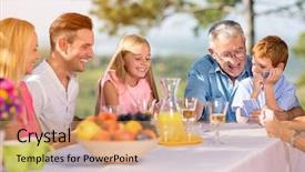 Presentation with family playing board game - Amazing slide deck having smiling family playing card game backdrop and a coral colored foreground