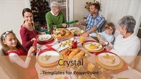  Presentation with living room family - Beautiful theme featuring smiling family pulling christmas crackers at the dinner table at home in the living room backdrop and a coral colored foreground