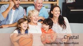  Presentation with family theray - Audience pleasing PPT theme consisting of smiling family watching basketball match backdrop and a coral colored foreground