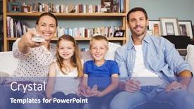  Presentation with television watching - Amazing PPT theme having smiling family watching television while sitting on sofa at house backdrop and a ocean colored foreground