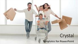  Presentation with family shopping - Colorful presentation design enhanced with smiling family with shopping cart backdrop and a light gray colored foreground