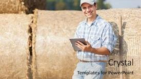 Presentation with tablet - Beautiful slide deck featuring smiling farmer using a tablet backdrop and a coral colored foreground
