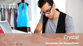  Presentation with workshop - Theme with smiling fashion designer in workshop background and a  colored foreground