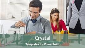  Presentation with fabrics - PPT theme enhanced with smiling fashion designers stitching fabrics in sewing factory background and a ocean colored foreground