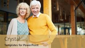  Presentation with veranda - Cool new PPT layouts with smiling fashionable senior couple standing on veranda and looking at camera handsome man embracing girlfriend in glasses backdrop and a yellow colored foreground