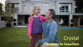  Presentation with social isolation - Presentation design featuring smiling father and daughter interacting with each other in garden social distancing and self isolation in quarantine lockdown for coronavirus covid19 background and a tawny brown colored foreground