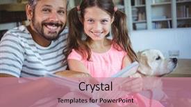  Presentation with album - Slides having smiling father and daughter looking at photo album in living room at home background and a coral colored foreground