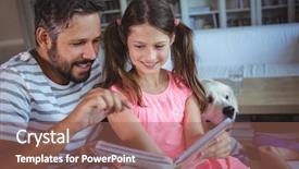  Presentation with photo album - Slides enhanced with smiling father and daughter looking at photo album in living room at home background and a violet colored foreground