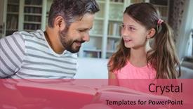  Presentation with album - Slides enhanced with smiling father and daughter looking at photo album in living room at home background and a coral colored foreground