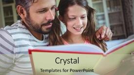  Presentation with photo album - Presentation design with smiling father and daughter looking at photo album in living room at home background and a mint green colored foreground