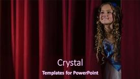  Presentation with red curtain - Slide deck consisting of performer year - smiling female artist peeking background and a wine colored foreground