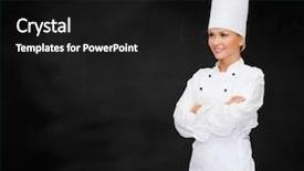  Presentation with cooking chef - Slides enhanced with smiling female chef with cross background and a  colored foreground