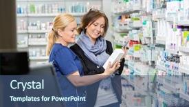  Presentation with product - Cool new presentation with smiling female chemist showing product backdrop and a ocean colored foreground