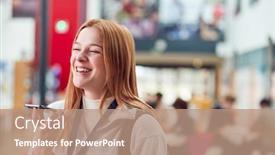  Presentation with college campus - Audience pleasing slides consisting of smiling-female-college-student-talking backdrop and a coral colored foreground