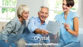  Presentation with management report system: mrs - PPT layouts featuring smiling female consultant showing report background and a  colored foreground