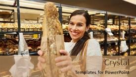  Presentation with bakery - Slide set featuring smiling-female-customer-buying background and a coral colored foreground