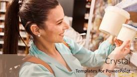  Presentation with products supermarket - PPT layouts featuring smiling-female-customer-comparing-dairy background and a  colored foreground