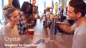  Presentation with contactless - Amazing PPT theme having smiling-female-customer-in-bar backdrop and a coral colored foreground