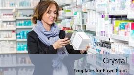  Presentation with product - Colorful slide set enhanced with smiling female customer scanning product backdrop and a light blue colored foreground